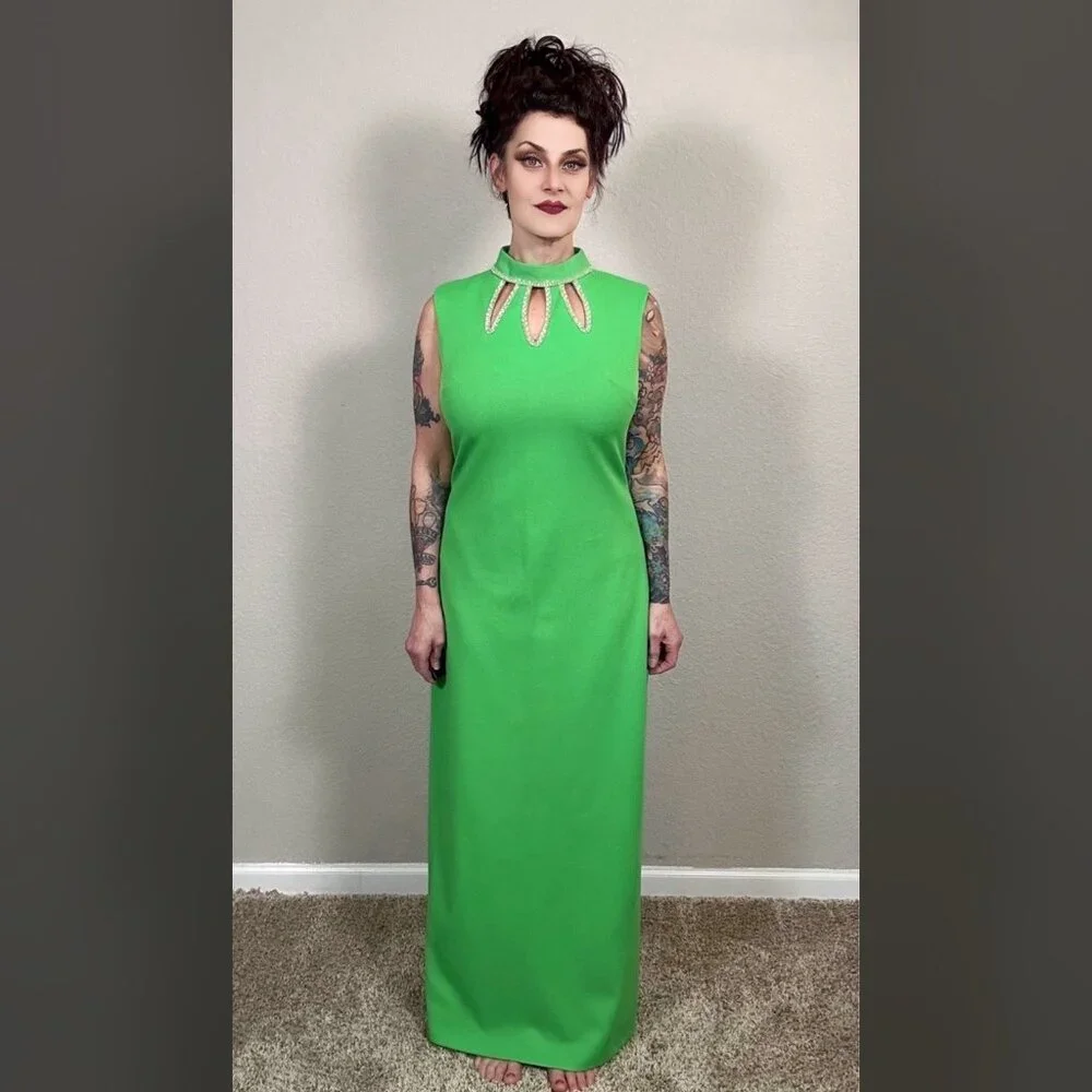 60s Bright Green Maxi Sheath Column Dress Rhinestone MCM Mod Rockabilly Pinup M - Picture 3 of 15